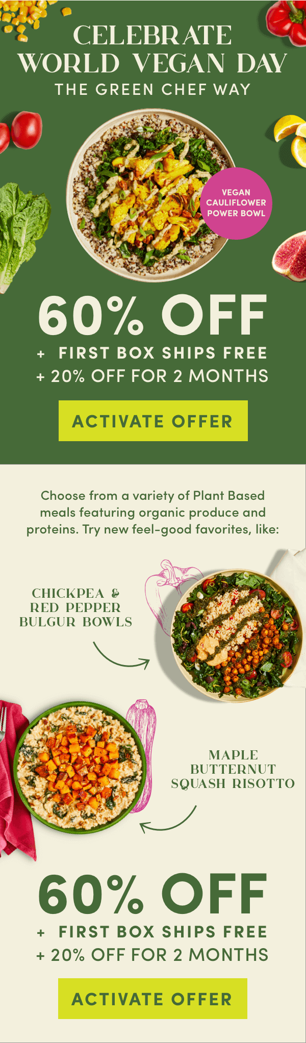 World Vegan Day the Green Chef way! Choose from a variety of plant based meals featuring organic produce and proteins.