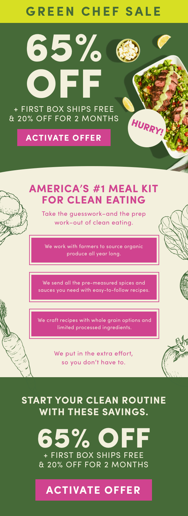 Green Chef Sale is here! America's #1 meal kit for clean eating with 65% off.