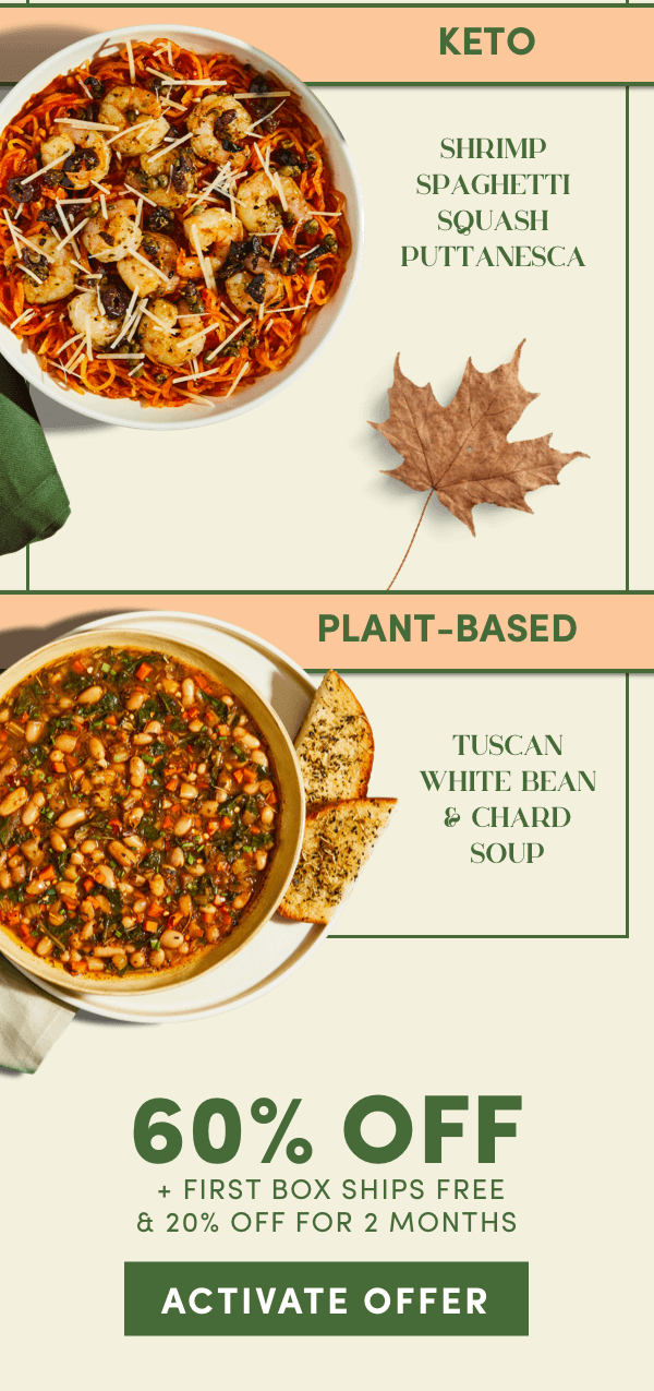 60% off + first box ships free + 20% off for 2 months! 