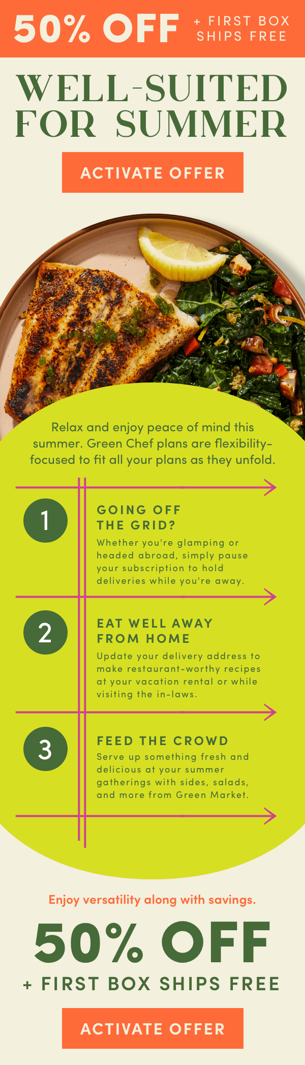 50% OFF + FIRST BOX SHIPS FREE. Well-Suited For Summer. Relax and enjoy peace of mind this summer. Green Chef plans are flexibility-focused to fit all your plans as they unfold.