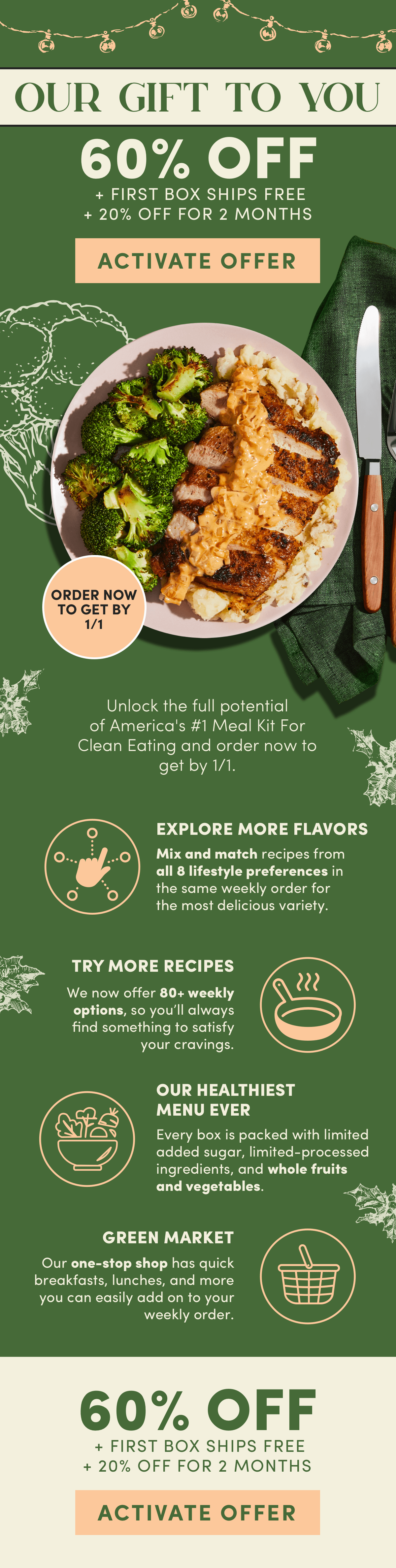 Our gift to you, 60% off + first box ships free + 20% off for 2 months.