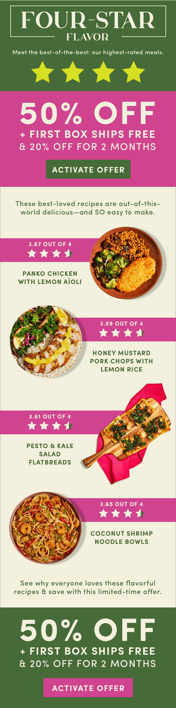 Four-star flavor. Meet the best of the best: our highest-rated meals with 50% off + first box ships free + 20% off for 2 months.