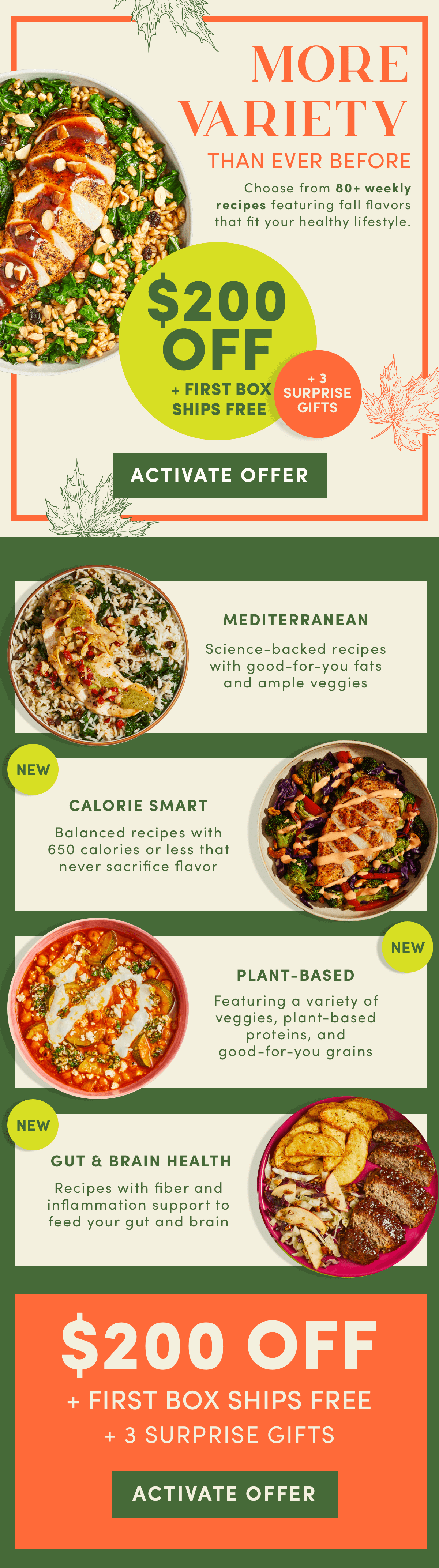 More variety than ever before. Choose from 80+ weekly recipes featuring fall flavors that fit your healthy lifestyle. Grab $200 off + first box ships free + 3 surprise gifts.