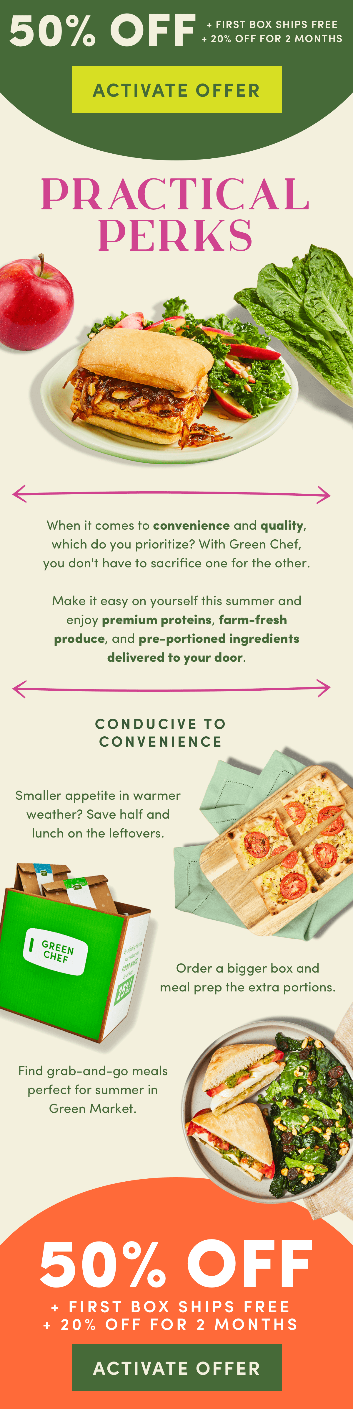 When it comes to convenience and quality which do you prioritize? With Green Chef, you don't have to make any sacrifices. Activate 50% off + first box ships free + 20% off for 2 months.