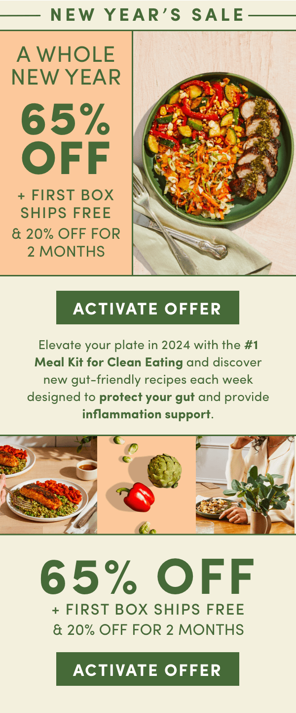 Elevate your plate in 2024 with the #1 meal kit for clean eating and get 65% off + 20% off for 2 months today.