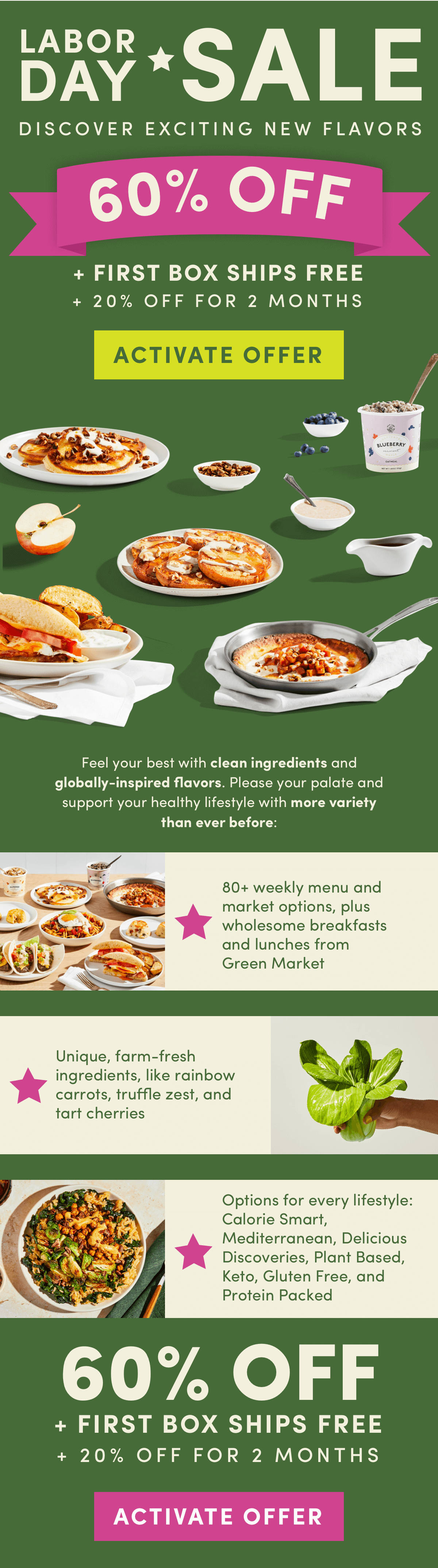 Discover exciting new flavors with our Labor Day Sale with 80+ weekly options and unique, farm-fresh ingredients. Plus get 60% off + 20% off for 2 months.