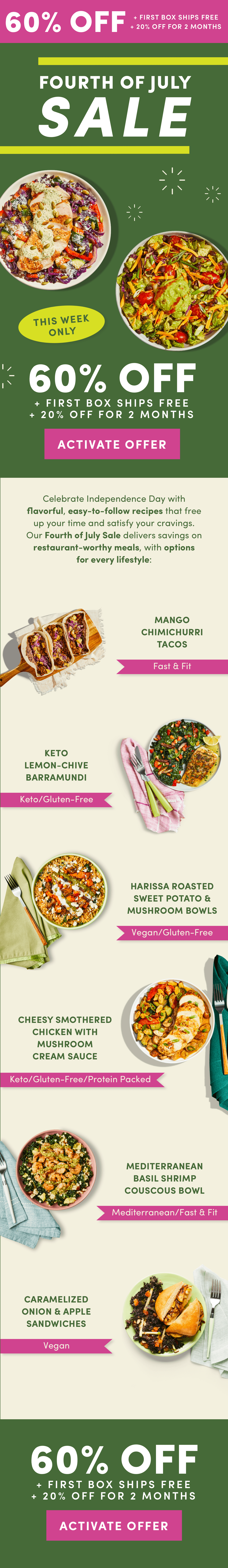 The fourth of july sale get 60% off + first box ships free + 20% off for 2 months. 