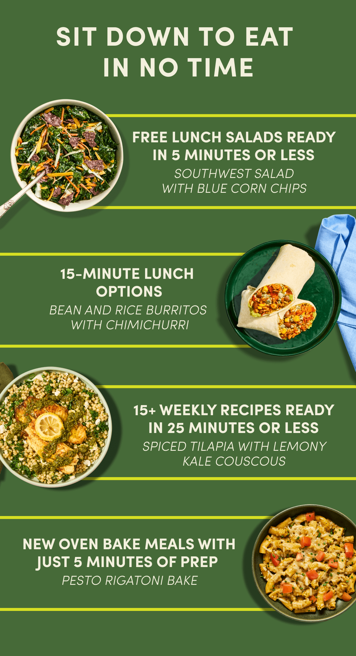Sit down to eat in no time. Get FREE SALAD for 2 months + 50% off + first box ships free.
