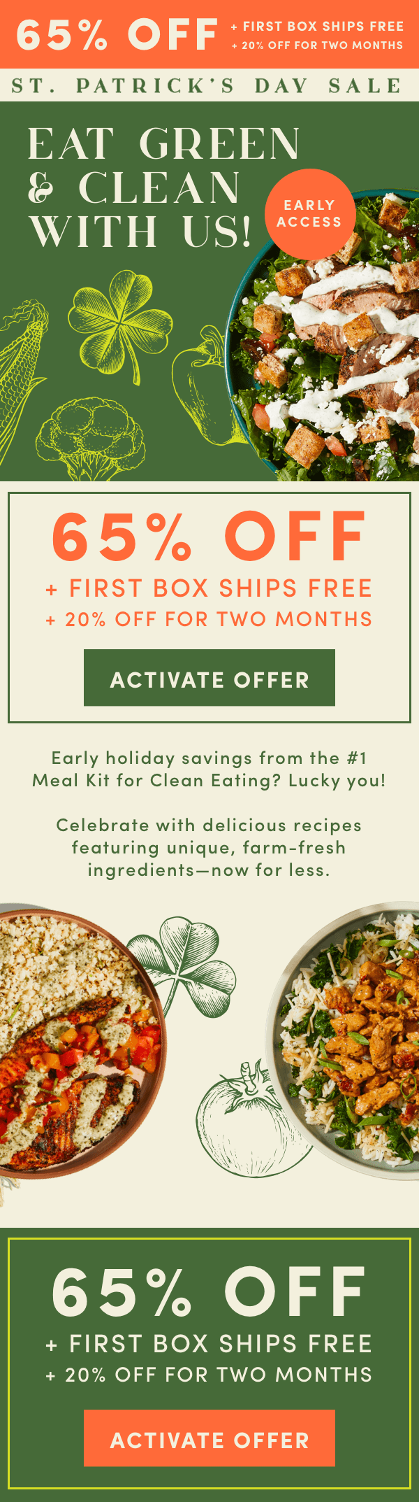 St. Patrick's Day Sale - Eat green & clean with us! Get 65% off + first box ships free + 20% off for 2 months.