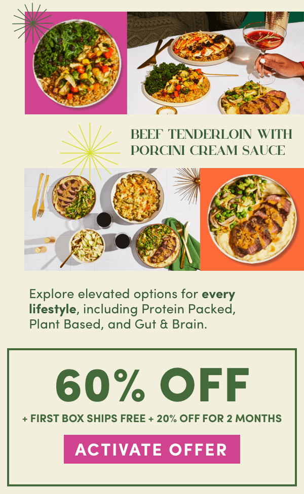 60% off + first box ships free + 20% off for 2 months! 