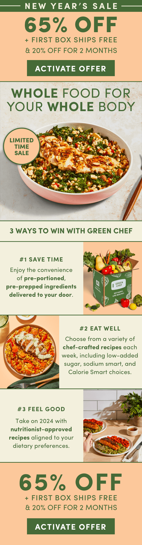Whole food for your whole body, save time with Green Chef and claim 65% off + first box ships free + 20% off for 2 months.
