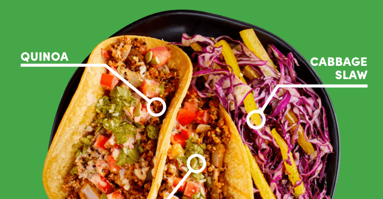 Quinoa Tacos with Cashew Crema: Quinoa, Cabbage Slaw, Chimichurri Sauce, Cashew Crema