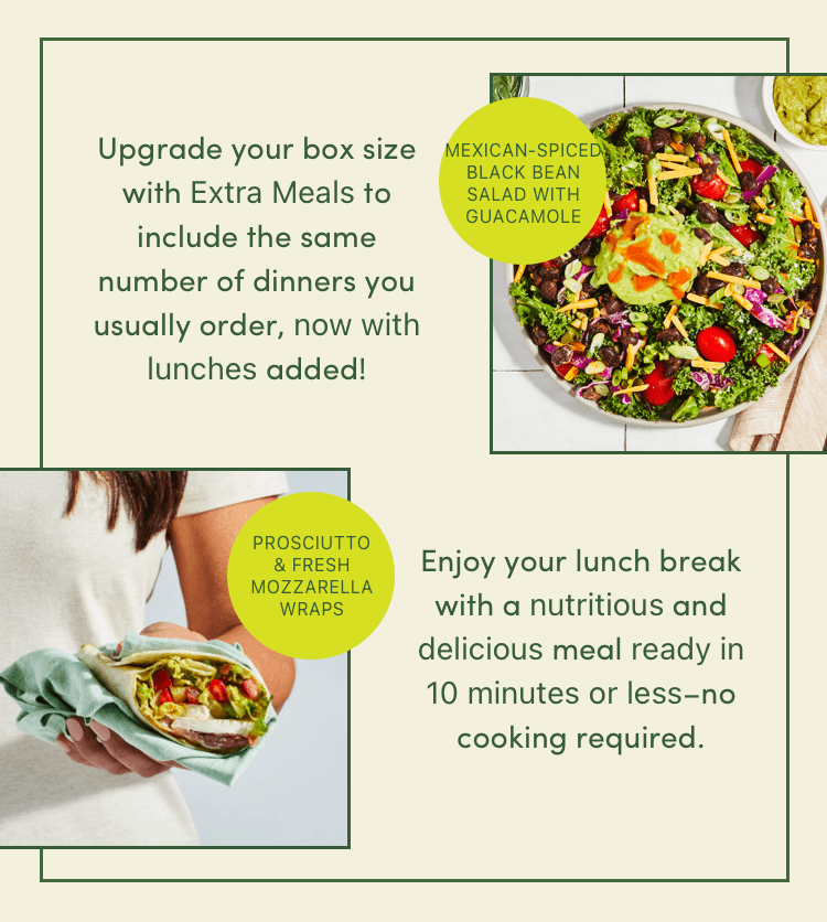 Upgrade your box size with extra meals - mexican-spiced black bean salad with guacamole, Prosciutto & fresh mozzarella wraps - ready in 10 minutes or less, no cooking required