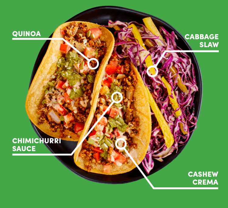 Quinoa Tacos with Cashew Crema: Quinoa, Cabbage Slaw, Chimichurri Sauce, Cashew Crema