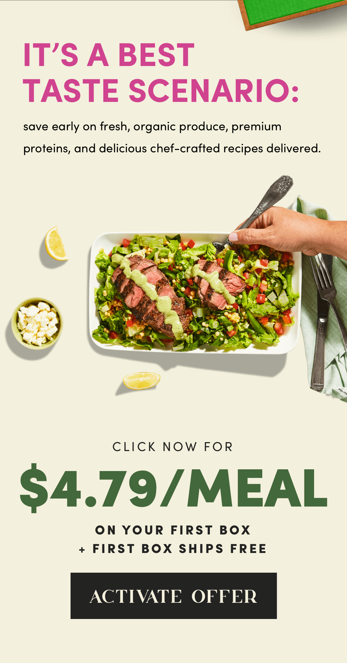 It's a best taste scenario - save early on fresh, organic produce, premium proteins, and delicious chef-crafted recipes delivered. Click now for $4.79/Meal on your first box + first box ships free - Activate Offer