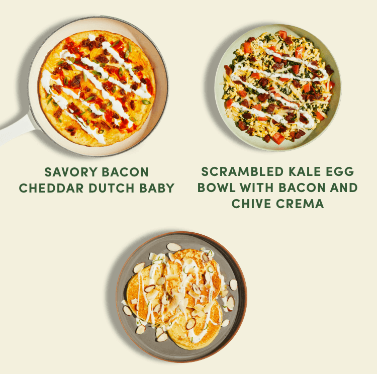 Savory bacon cheddar dutch baby, scrambled kale egg bowl with bacon and chive crema, coconut lime pancakes