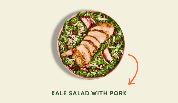 Mediterranean chicken, Italian shrimp and veggie bowl, Kale salad with pork
