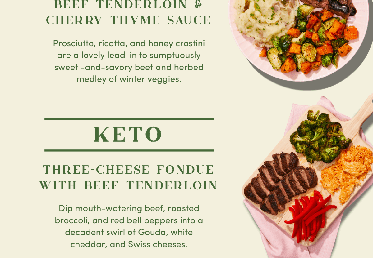 Beef Tenderloin and Cherry Thyme Sauce, Three Cheese Fondue with Beef Tenderloin