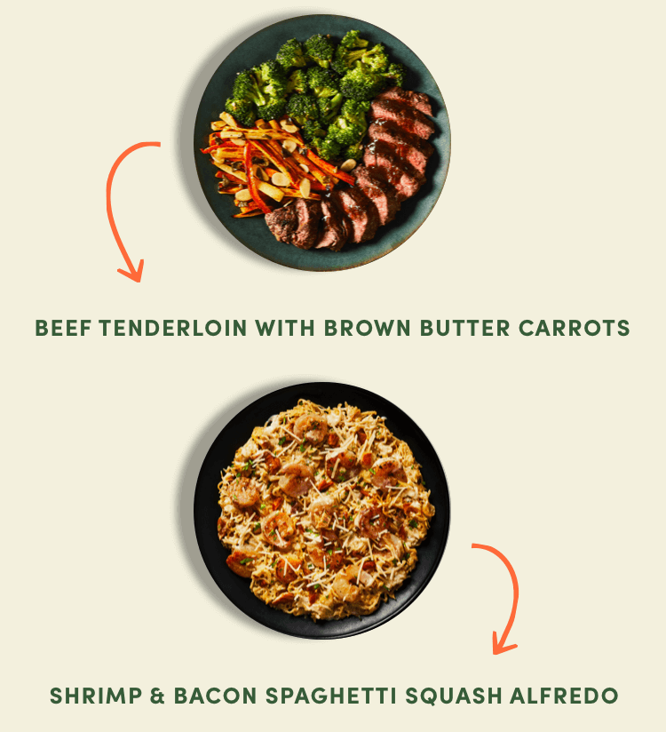 Spicy ginger-lime shrimp and bacon bowls, beef tenderloin with brown butter carrots, shrimp and bacon spaghetti squash alfredo
