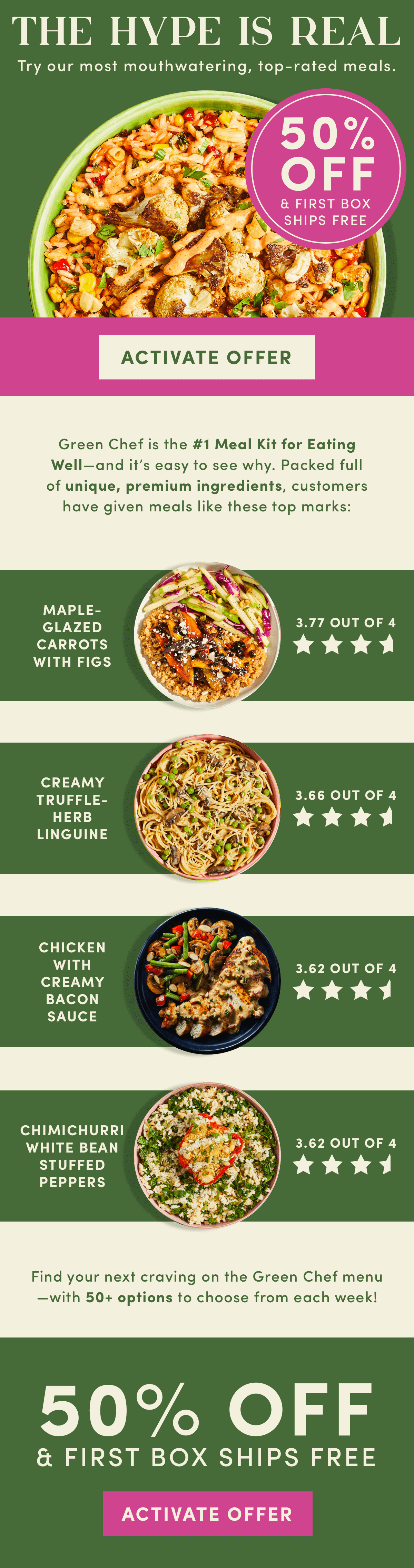 Try our most mouthwatering, top-rated meals for 50% off + first box ships free.